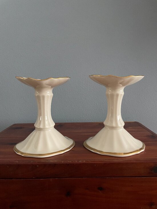 Lenox Other - Lenox Symphony Candlestick Holders 24K Gold Trim Ivory Color Pair 4.25" Tall